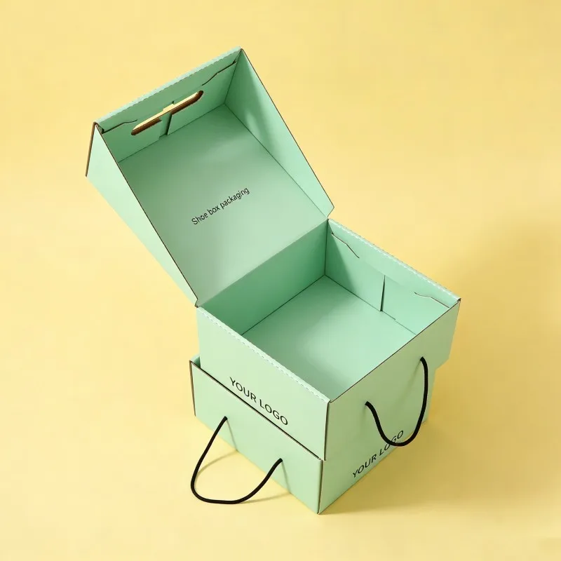 大豆インク印刷の衣料品用紙製ボックス｜ロゴカスタマイズ可能｜マット／グロス仕上げの高級ファッション向けシューズ出荷用ボックス｜子供服用ハンドル付きボックス