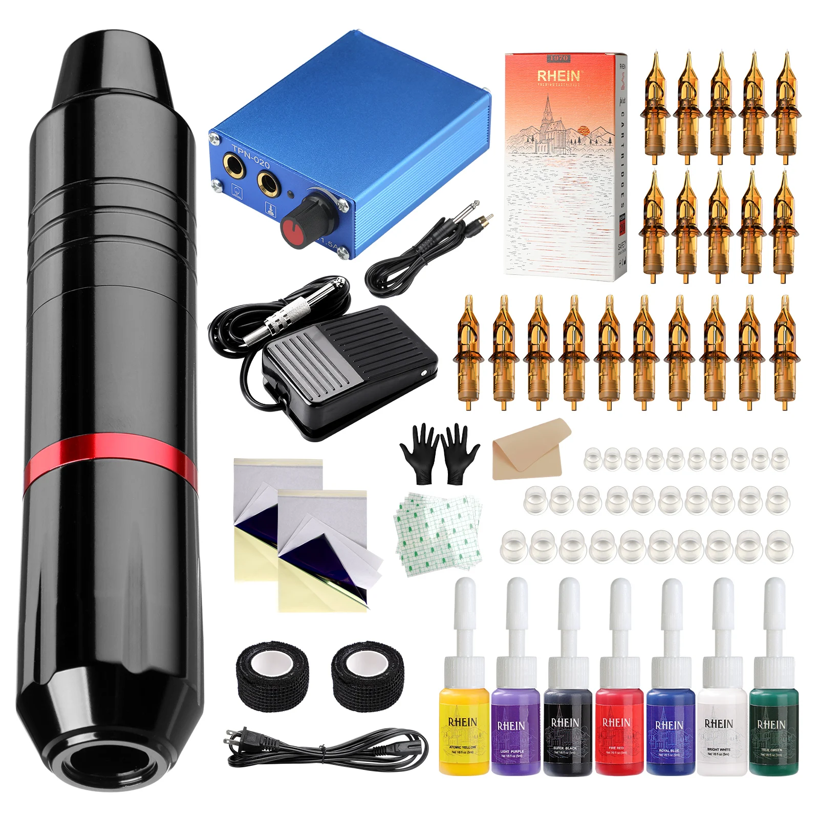 Tattoo Pen Kit  Yuelong Rotary Tattoo Pen Machine Kit Tattoo Pen Power  Supply 20 Mixed Cartridges Needles Foot Pedal Clip Cord Power Cable  Practice Skin Ink Caps Grips Tape Tattoo Case 