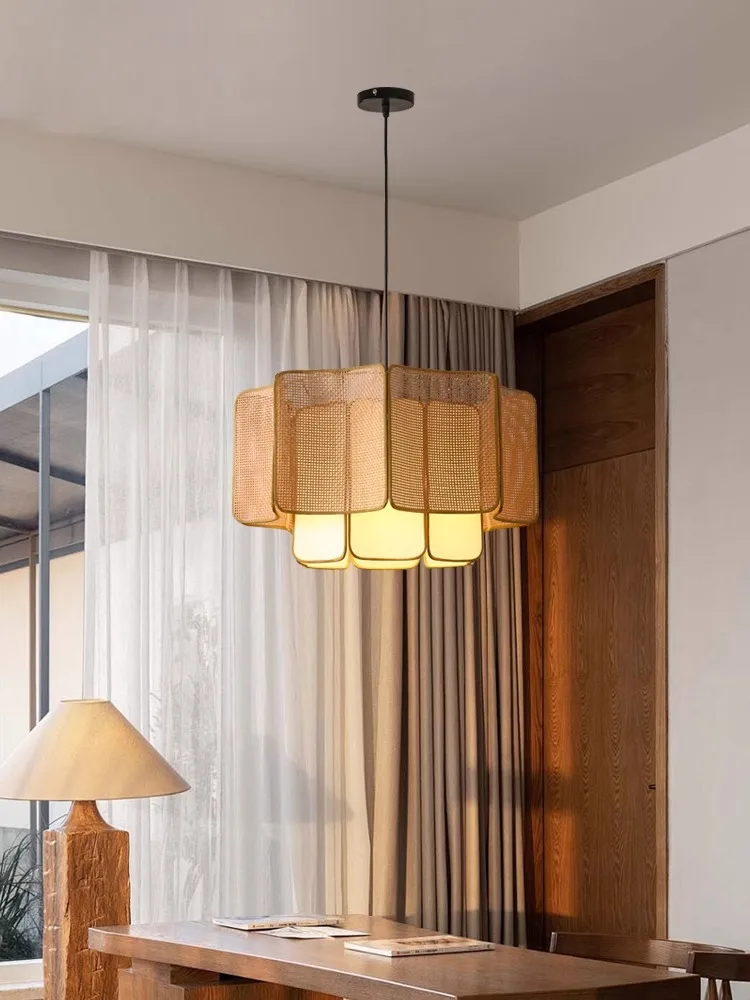 Japanese Wabi-sabi Style Creative Cloud Stone Design Rattan Woven Pendant Light Zen Living Room Restaurant Chandelier for Home