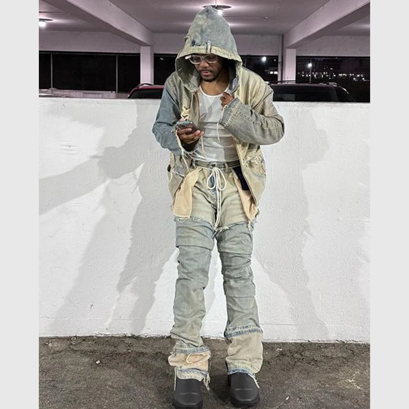 DIZNEW Custom logo Denim Set uomo acido lavaggio per fare vecchi