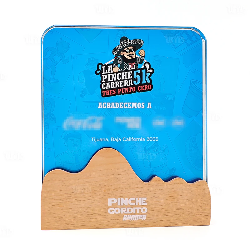 Custom Crystal Sports Trophy Plaque with Wooden Base, Personalized Logo Printing, Customizable Size Material for Awards Ceremony