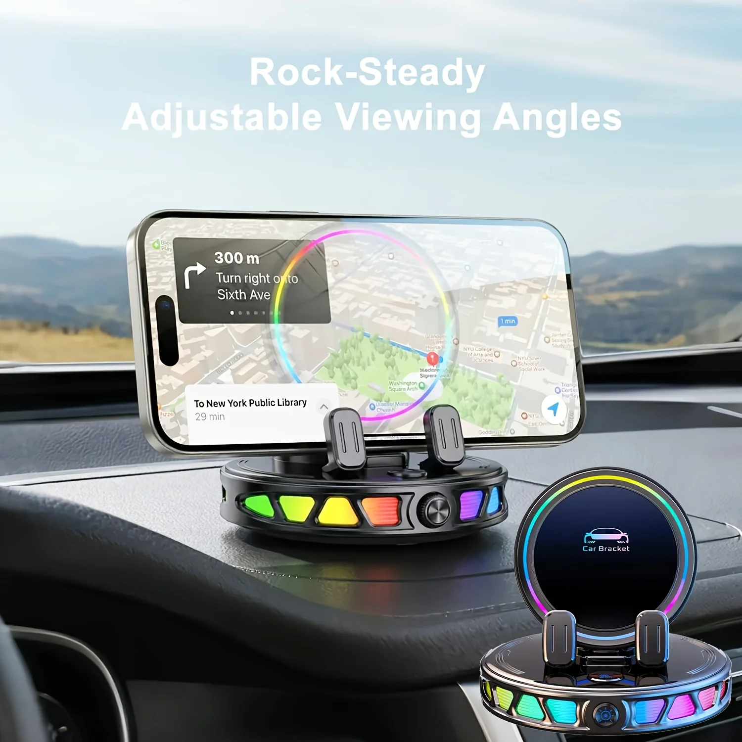 Suction Cup Car Phone Mount (360° Rotation) with LED Light | Gravity-Sensing Auto-Lock Seamless Portrait/Landscape Switching