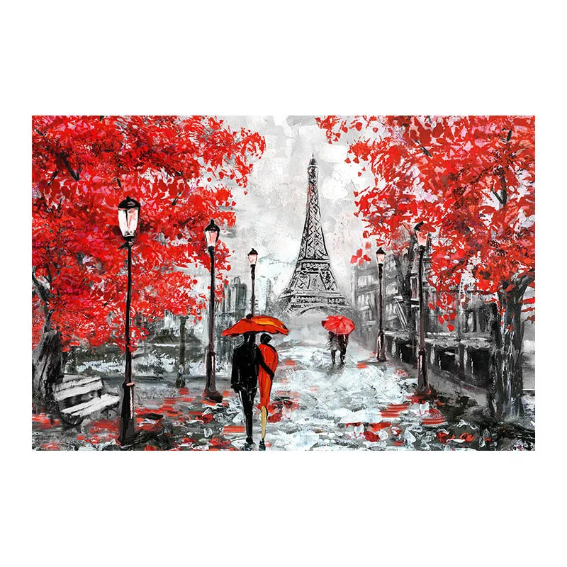 YUSDECOR Élégant Paris Tour Eiffel Couple Rouge Parapluie Arbres