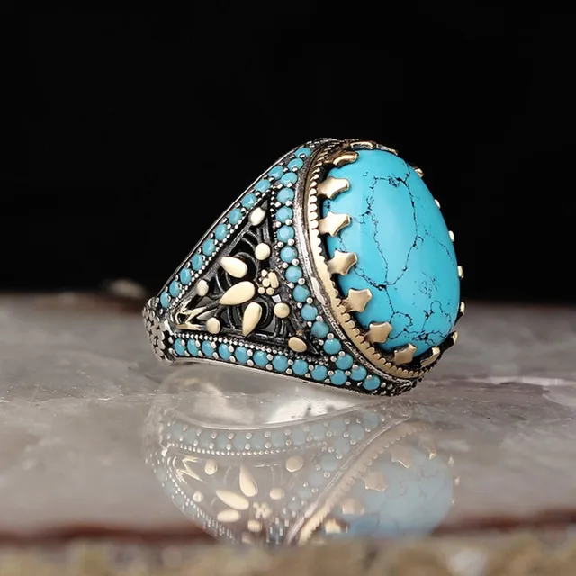 2024 Trendy Vintage Arabic Electroplated Inlaid Turquoise Stainless Steel Gemstone Jewelry Rings For Men Islamic