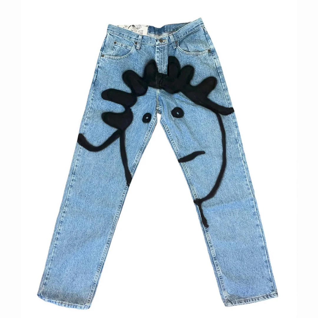 Zvyšované mužské džíny z bavlny ve vínovém stylu, rovné střihy, s abstraktním potiskem tváře, sprejem a grafiti, streetwearové džíny z denimu s možností OEM