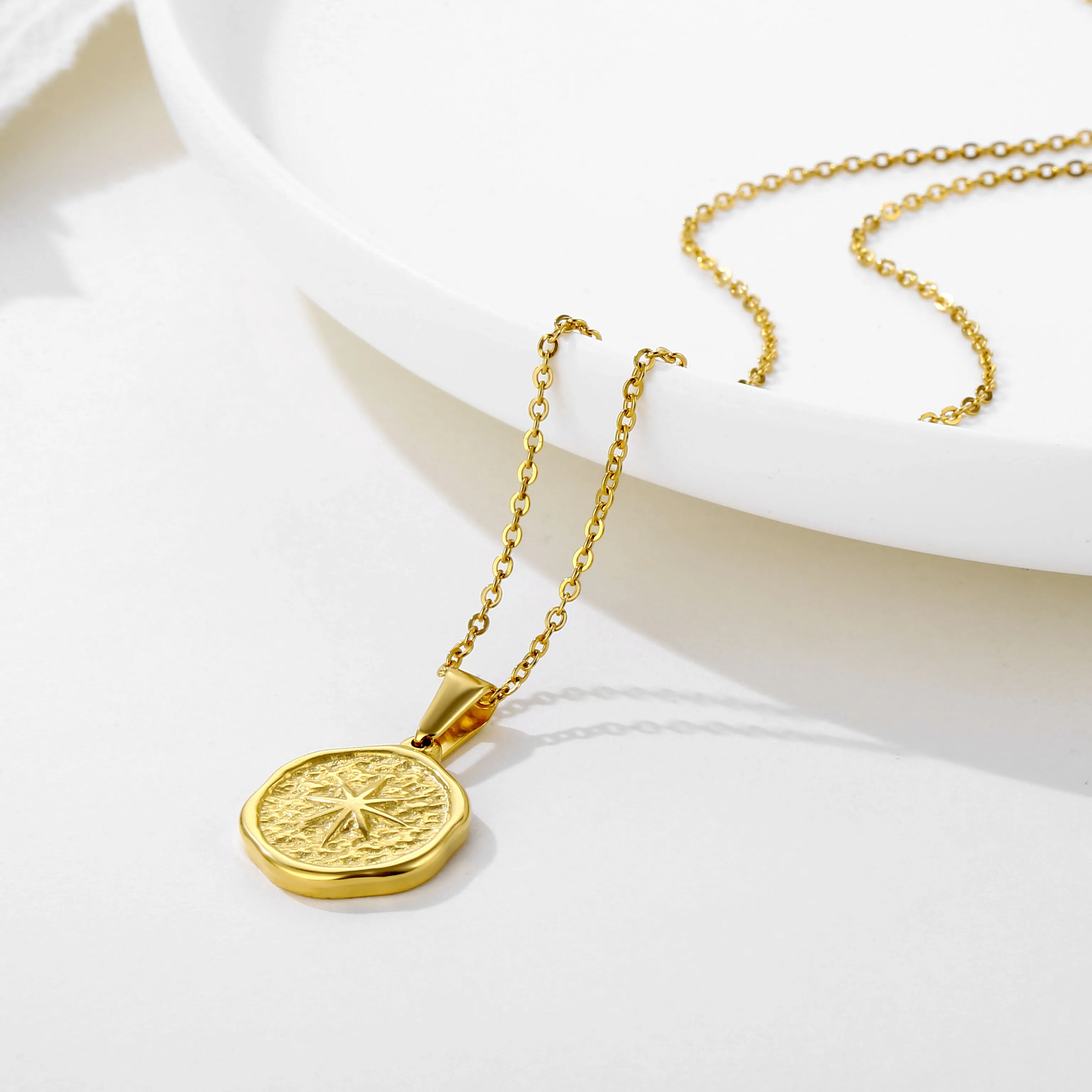 변색 방지 20mm 나침반 코인 펜던트 체인 PVD 18k 금도금 여행 가이드 주얼리 스테인리스 스틸 여성 북극성 목걸이|  Alibaba.com