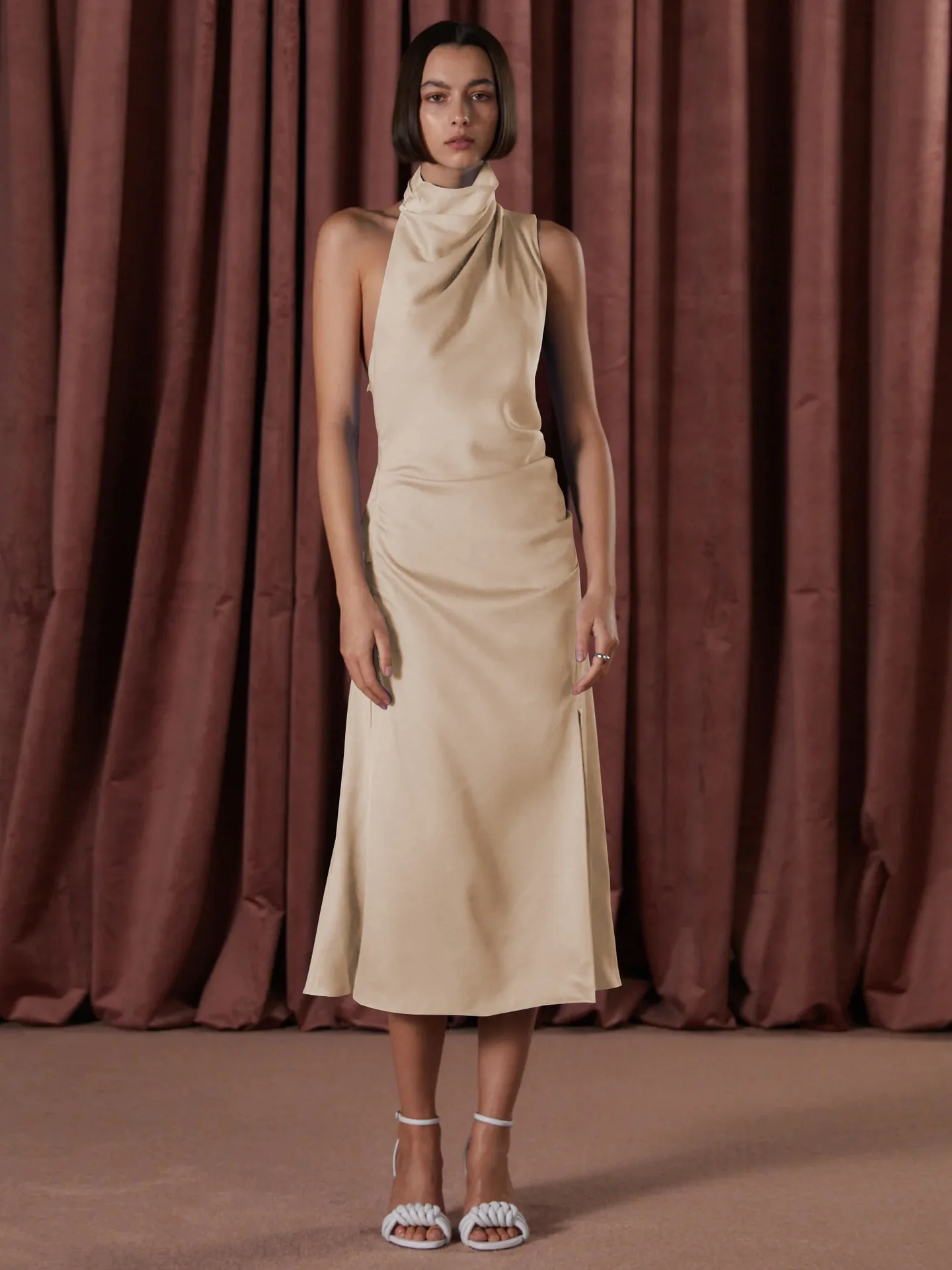 GMD 2023 women's Spring and summer clothing hot sale satin halter solid color sleeveless sexy split maxi dress