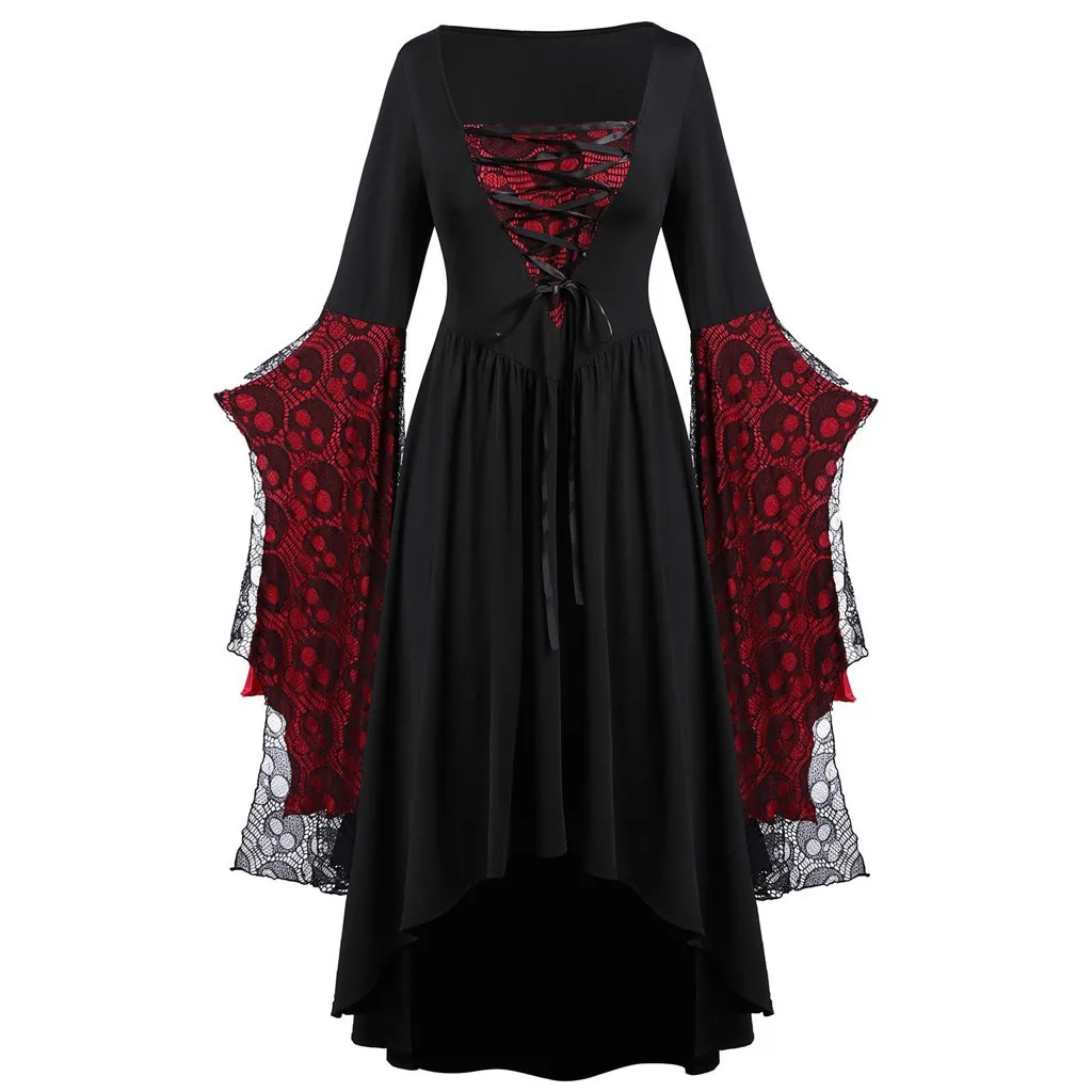 Robe D'Halloween Femme Style Gothique Chaperon Rouge - Dentelle, Volants Et Manches Courtes, Costume Sexy Pour Soirée Déguisée