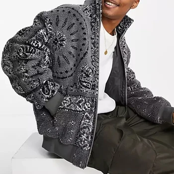custom high quality warm zip up soft sherpa cotton printed bandana paisley polar fleece jacket