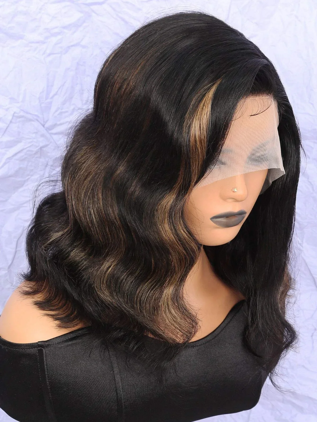 Hochdichte, gemischte Farben, Bob-Perücke mit gewelltem Echthaar, 13 x 5 x 1 Zoll, T-Teil, transparente Spitze vorne, vorgezupft für Frauen_voghion.com