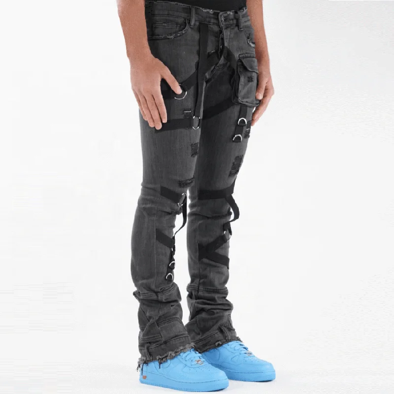 Yuege-vaqueros Con Botones Y Cremallera Para Hombre,Multibolsillos,Cargo,Mono,Negro  - Buy Oem Etiqueta Privada Marcas Skinny Destruido Biker Denim Pantalones  Vaqueros Pantalones,Los Hombres De Moda De La Calle Grey Apilado Correa  Patchwork,Carga 