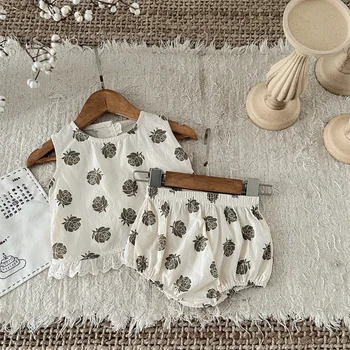 INS Style Infant Clothes Summer Round Neck Two-Piece Set Floral Sleeveless Top and Shorts for Girls Breathable Infants' Clothes