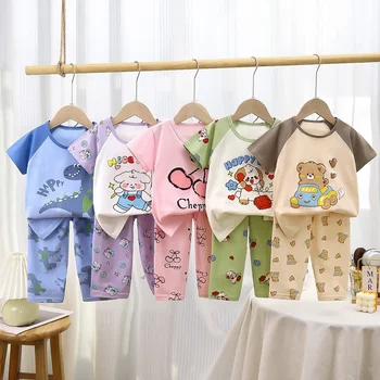 Summer Cotton Short Sleeve Set for Boys New Baby Pajamas with Air Conditioning Cartoon Kids' Outfit for Boys and Girls