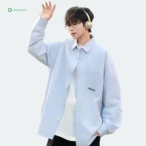 Men's Casual Long-sleeved Shirt Spring New 100% Cotton Knitted Breathable Horn Button Solid Teenagers Wholesale