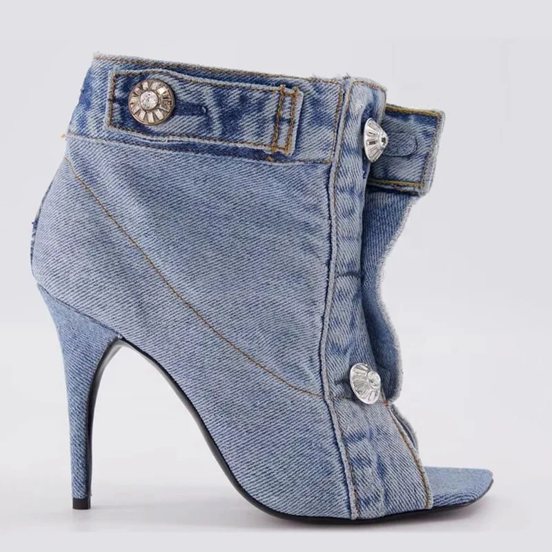 Summer Square Open Toe  High-Heeled Short Boots Denim Ankle Booty Women Stiletto Sandals Front Buckles Jeans Shoes