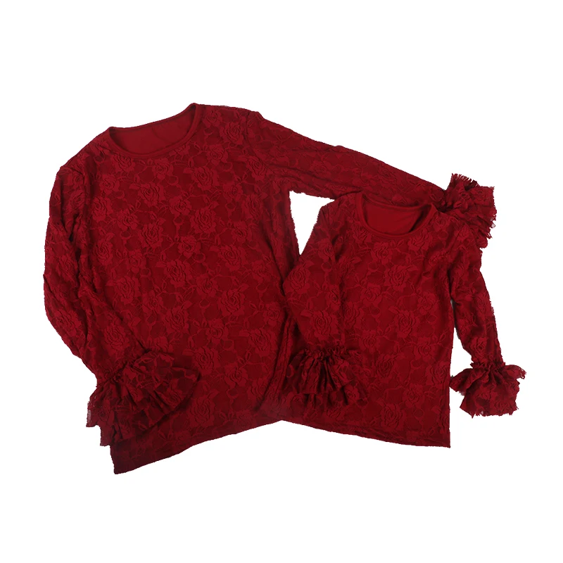 Boutique Family Matching Clothes Women and Girls Red Lace T-shirts Mommy  and Me Lace Shirts Spring Women Plus Size Tops