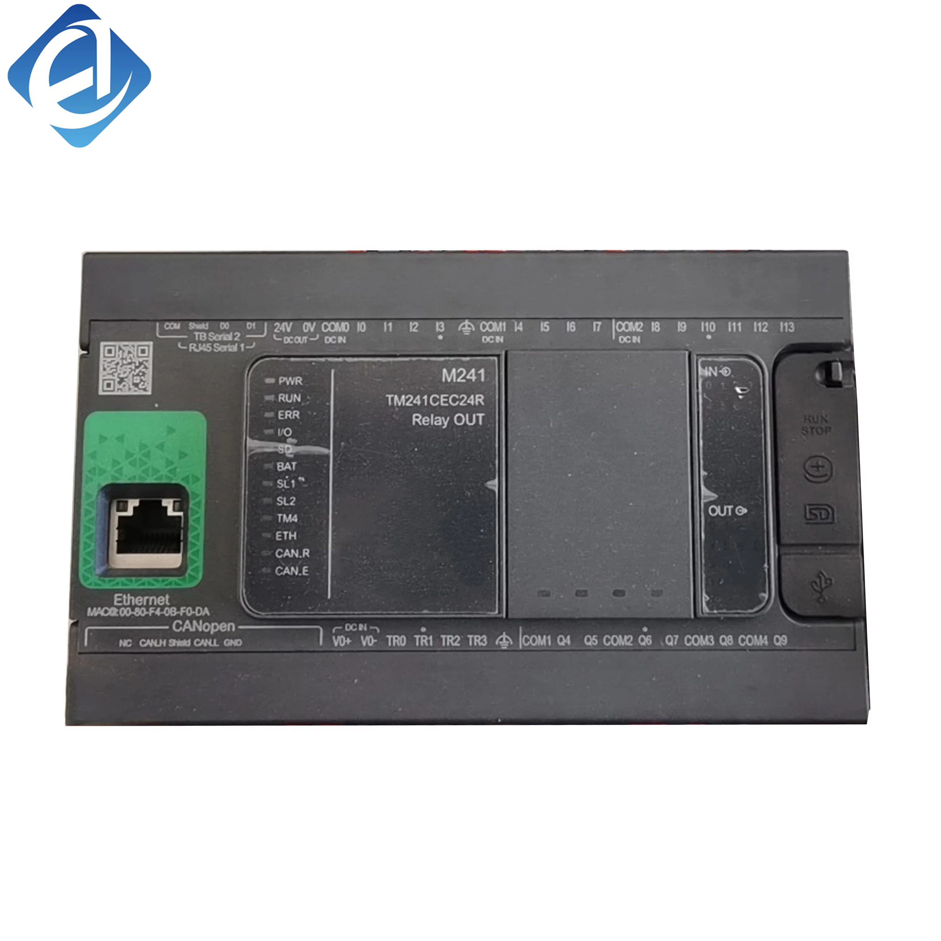 New Original TM241CEC24R Modicon M241 series compact PLC. 24 integrated I/O points with relay output, built-in Ethernet and CANopen ports. It supports multiple industrial protocols, features high-speed processing