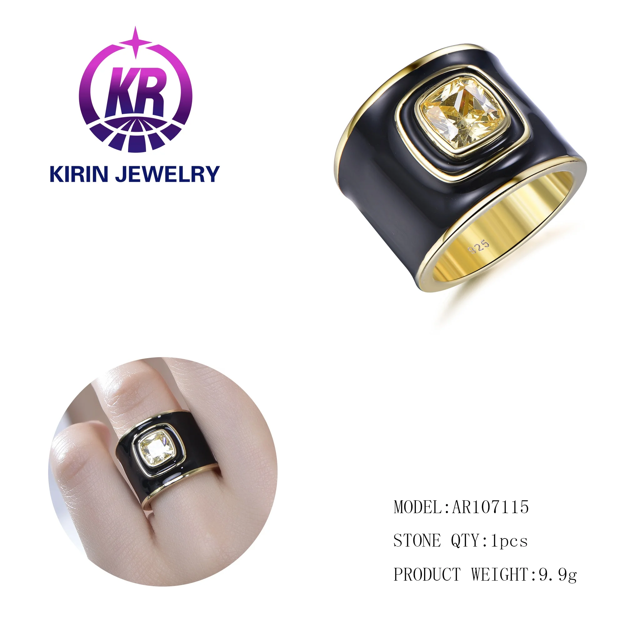 Gold Plated ring Enamel Black Men's Heavy Solid 14K Gold 18K Gold Ring Band Light Yellow Diamond Wedding Bands Rings