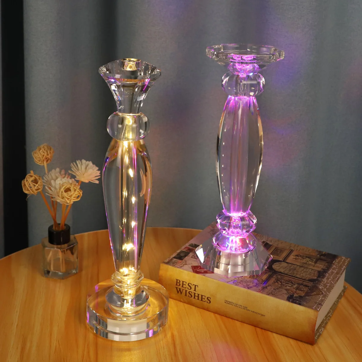 Exquisite Candle Holders With Diamond Cutting Glass Bell Jar Transparent Crystal For Wedding Decoration With Led Lights