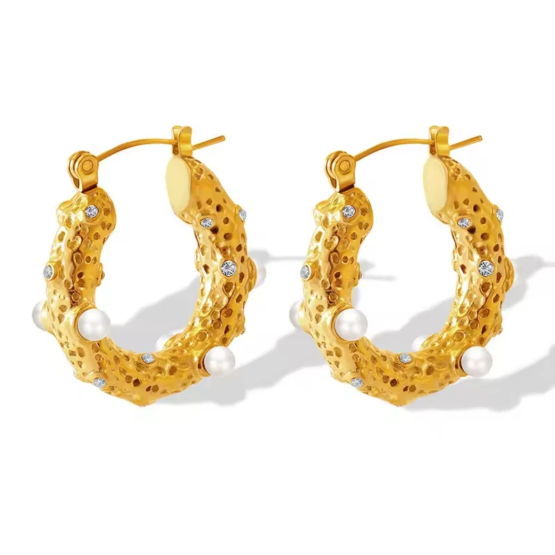Chunky U Shape Pearl Zircon Hoop Earrings 18k Gold Plated Stainless Steel Huggie Hoop Minimalist Earrings Women  Tarnish Free