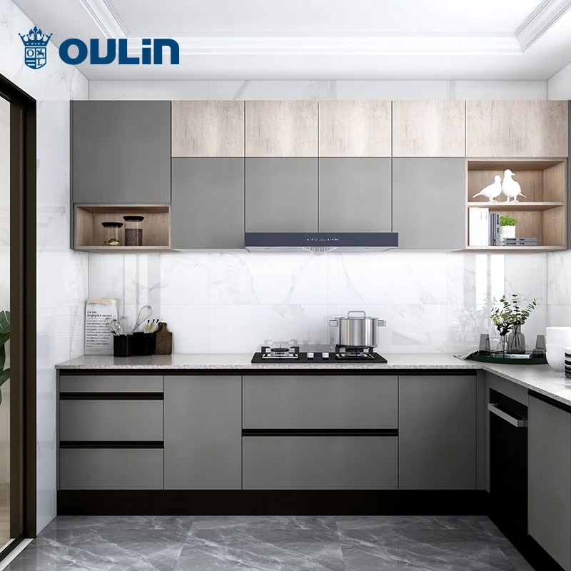 Modern Minimalist Gray Kitchen Solid Wood Pellet Kitchen Cabinet Modular