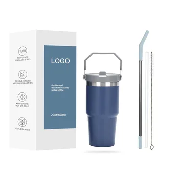 Ready To Ship 20oz Travel Tumbler With Handle SS306 Reusable Coffee Mug Insulated Navy Blue Coffee Cup For Camping