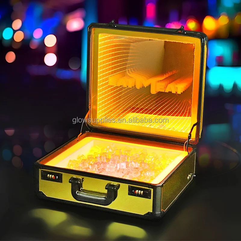 Custom Logo Lighted Mirror Beef Suitcase Meat Carrier Box LED Steak Briefcase Glorifier Display Case for Restaurant Steakhouse