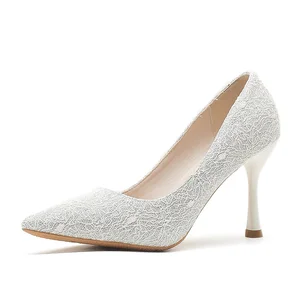 Stylish White Lace Comfortable Summer Slip-On Pumps with Pointed Toe and Fashionable Stiletto Heel