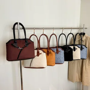 Large Capacity Ladies Designer Shoulder Bag Suede Canvas and PU Leather 3 Kinds of Different Material Handbag Totes