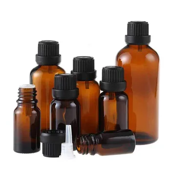 Wholesale 5 10 15 20 25 30 50 100ml amber glass bottles D18 essential oil bottle with orifice reducer and tamper proof black cap