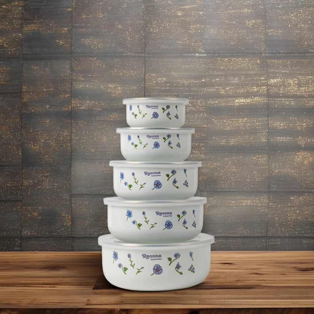 Reoona Pattern 10-18cm Salad Bowl Set Good Quality 5-Piece Enamelware Food Grade Fresh Storage Country Ceramic Dish 5-Piece Set