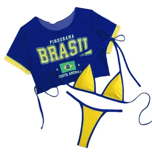 Huili Manufacturer Oem High Quality Women 3 Piece Crop t Shirt & Bikini Set Swimwear Beachwear Custom logo Brazilian Bikini