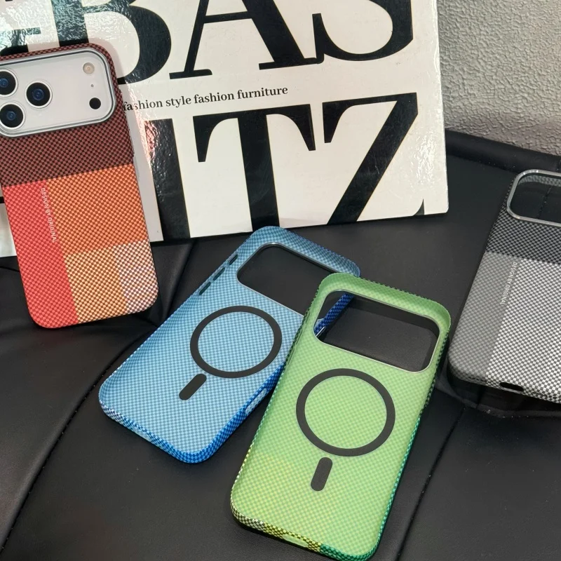 New Color Matching Carbon Fiber Textured Magnetic Case for iPhone 17 14 15 16 Pro Max Metal Lens Frame Shockproof Hard Cover