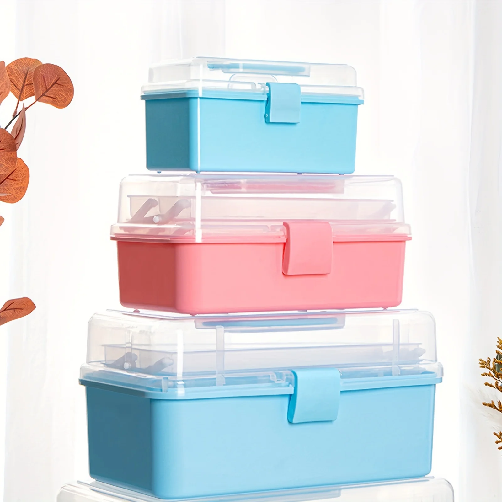 11'' Clear Plastic Craft Storage Box, Sewing Box Organizer 3-Layers with Removable Tray, Art Storage Box with Handle