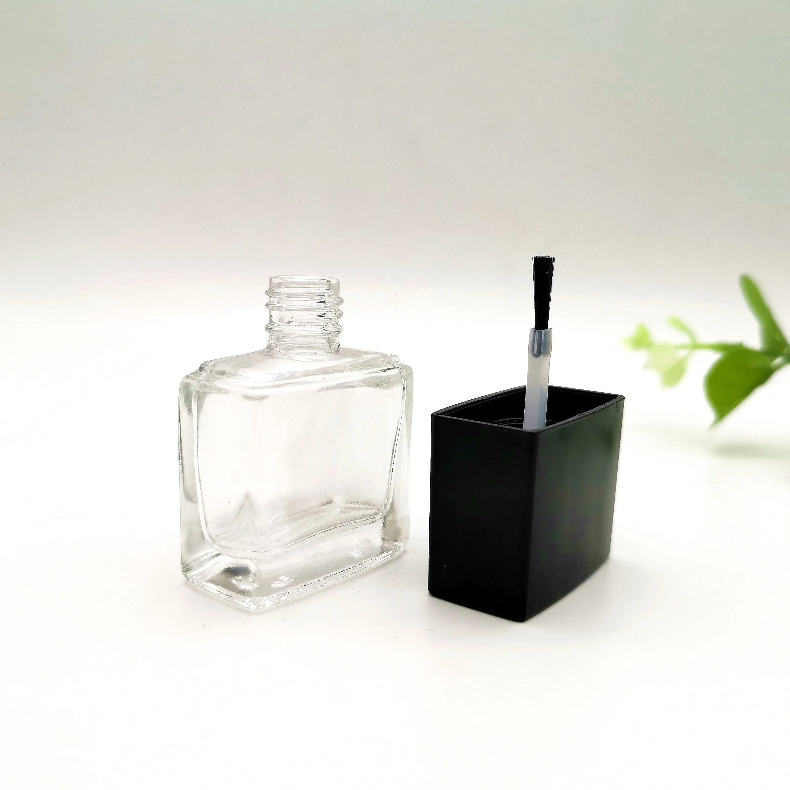 Square Shape Clear UV Gel Glass Nail Polish Bottle With Black And White Cap And Brush