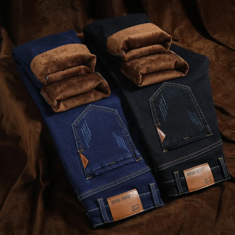 Dropshipping Special Price Men's Fleece-Lined Thickened Straight-Leg Denim Jeans Casual Bleach Wash Mid Waist Fashionable