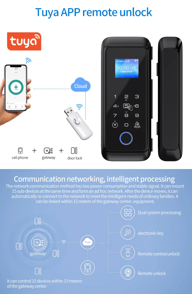 C4 Blue Tooth Tuya APP Smart Glass Door Lock Wireless Smart Access Controller Fingerprint Unlock Time Attendance Function