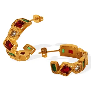 18K Gold Plated Stainless Steel Square Earrings with Natural Red Green Stones Trendy C-Shaped Hoop Design Special Gift for Women