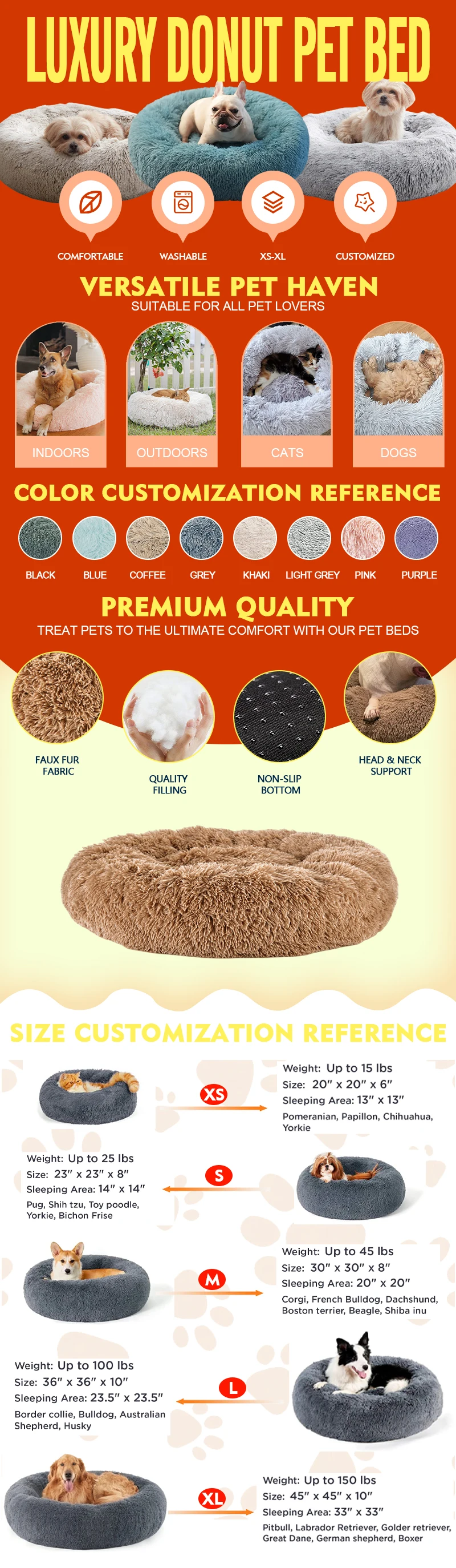 Wholesale custom portable washable big xl large plush fluffy round calming donut luxury pet bed dog beds details