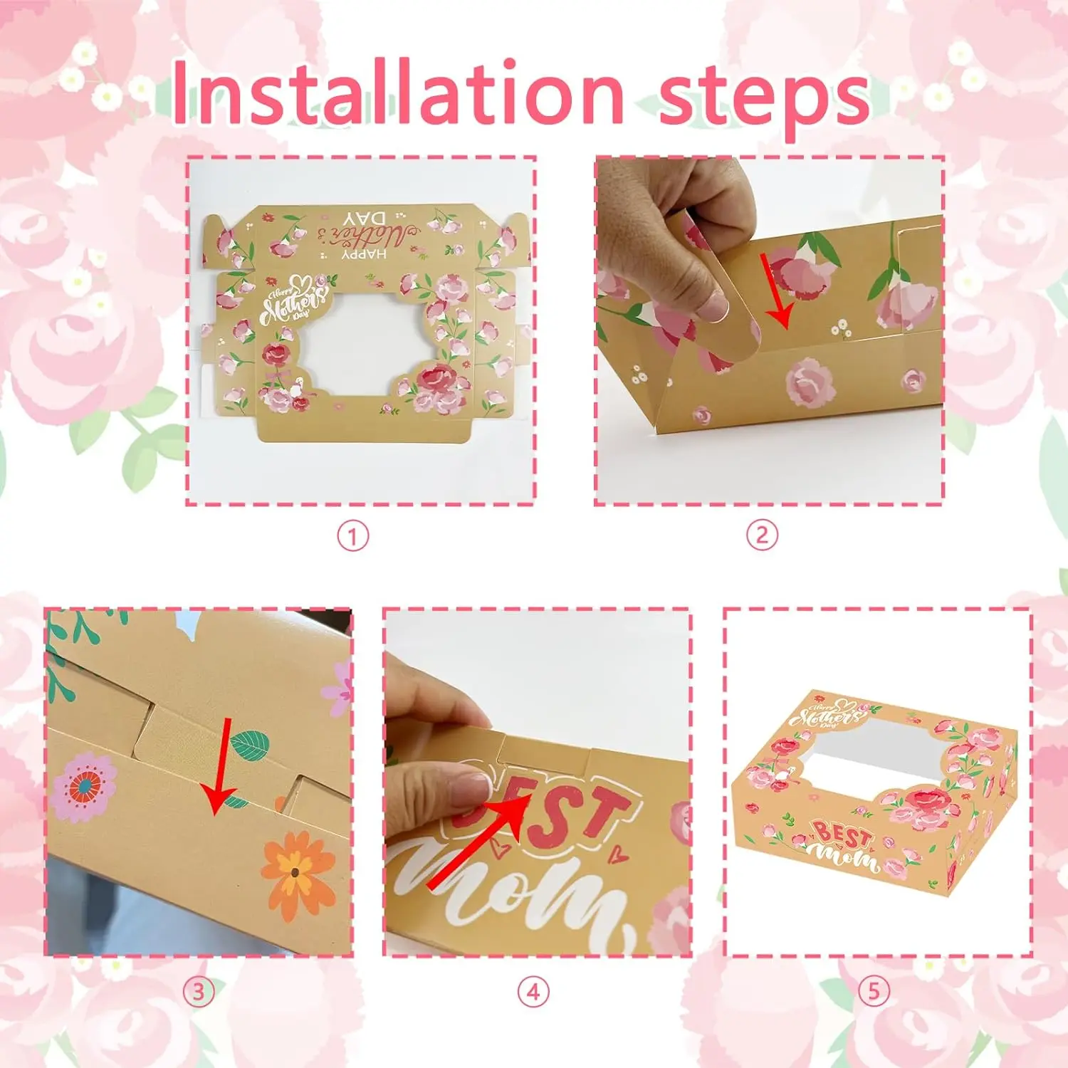 Brown Cardboard Box and square Transparent Window Brand logo Custom Floral Pattern Mother's Day Fortune Cookies Packing