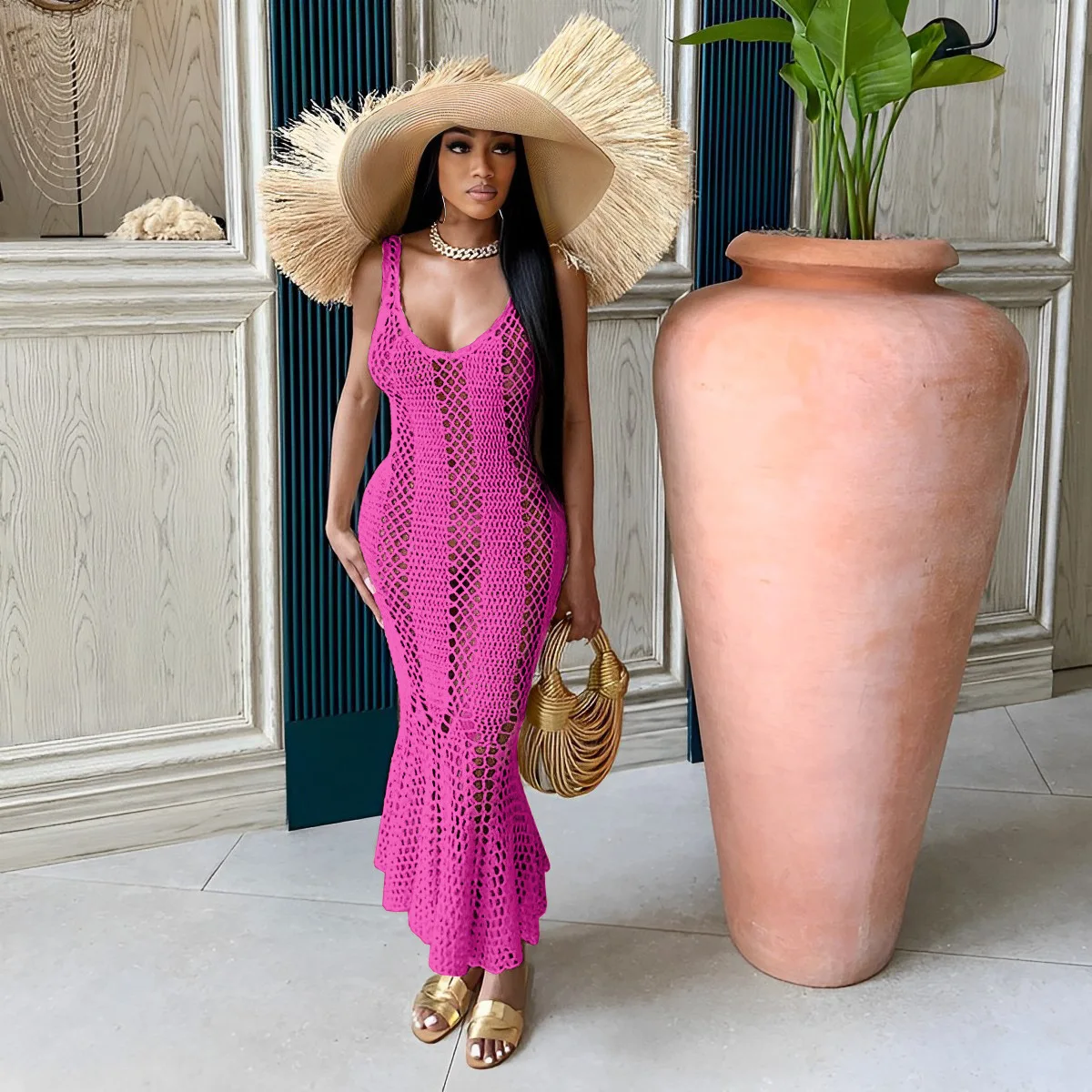 Summer New Knit Hollow Out Sleeveless Slim Fishtail Dress Design Sense  Women Crochet Beach Long Dress| Alibaba.com