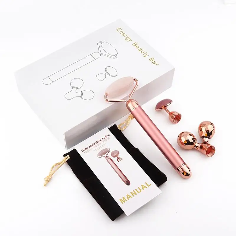 3 In 1 Electric Vibrating Jade Stone Roller Set Natural Rose Quartz Jade  Face Lifting Massager with 3 Replaceable Heads