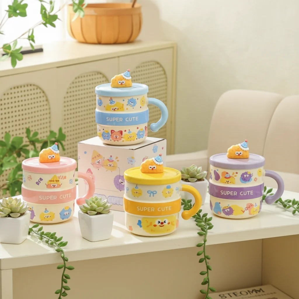 Kawaii-cartoonmonster keramische mok met 3D-deksel, schattig en super-schattig ontwerp voor cadeaus en dagelijks gebruik