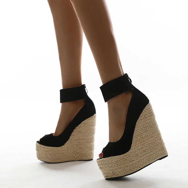 113172 Ultra High Wedge Heel 15cm Ankle Wrap Women Espadrille Pumps Platform Fish Mouth Back Zip Lady Sandals for Summer Fashion