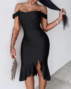 Womens Sexy Bodycon Party Dress off Shoulder Full Sleeve Cowl Neck Ruffle Hem Midi Dress Spandex/Polyester Quick Dry Illusion