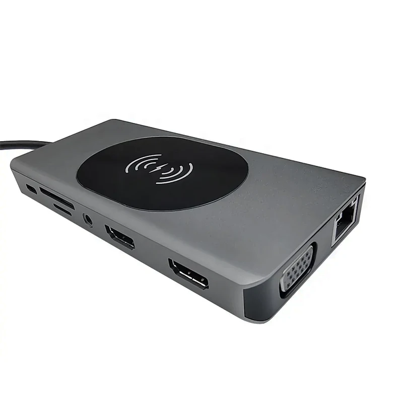 Type C Hub With Wireless Charging 14 in 1 Dual HDTV Gigabyte Lan RJ45 1000Mbps Sd Tf for Laptop 14-in-1 Usb-c Hub