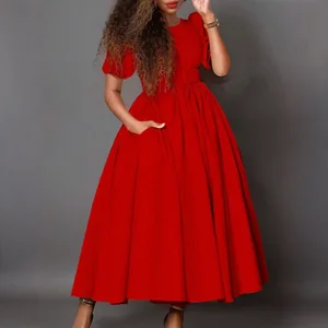 Hot Sale Women Fashion Clothing Solid Color Elegant Office Dresses Casual Loose Wrap Waist Slim A-line Plus Size Dress