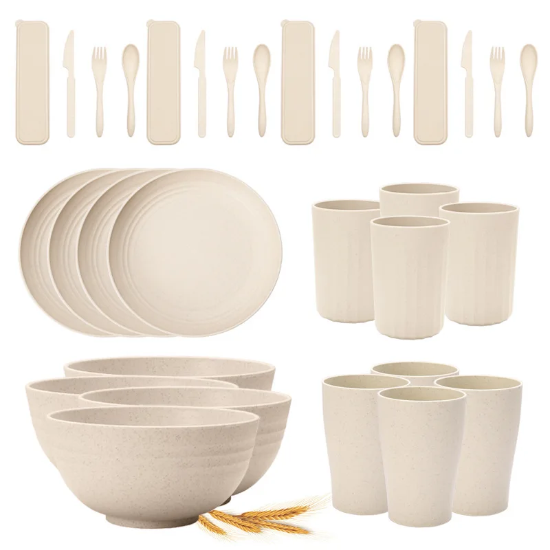 Lightweight Wheat Straw Dinnerware Sets Unbreakable Plates Cutlery Sets Wheat Straw Tableware Set