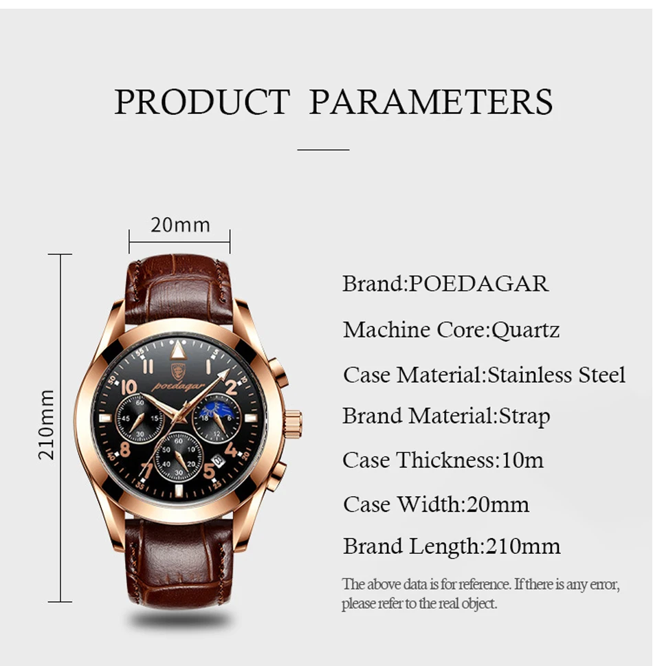 POEDAGAR Men's Luxury Watches - Waterproof Luminous Leather Quartz ...