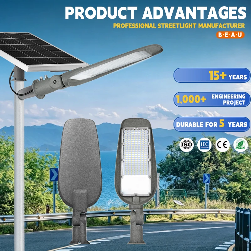 5-Jahres-Garantie-Solar-LED-Straßenleuchte für den Außenbereich, IP65 wasserdicht, Aluminiumgehäuse, 200 lm/W hohe Helligkeit, für Autobahnen, Akku-Betrieb, Innenhof